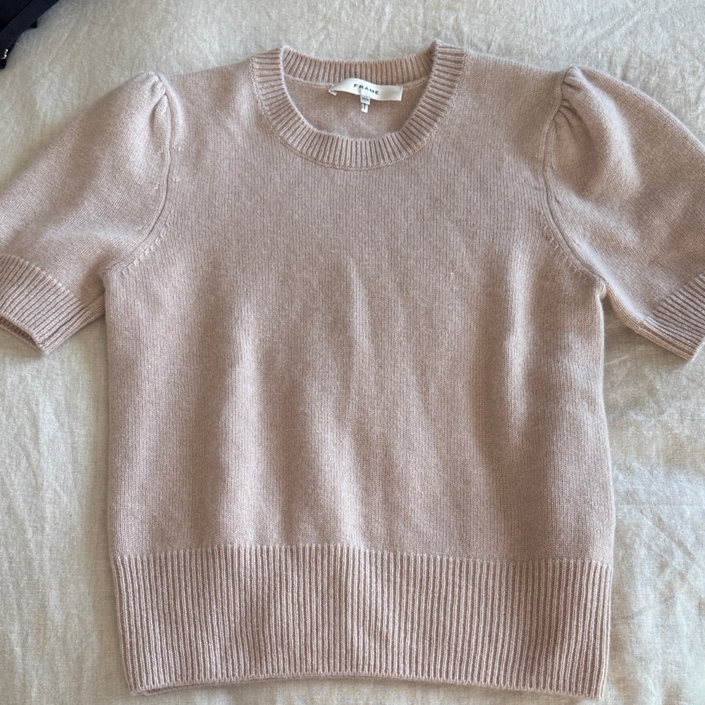 Frame Denim Short Puff-Sleeve Crewneck Sweater - Light Blush